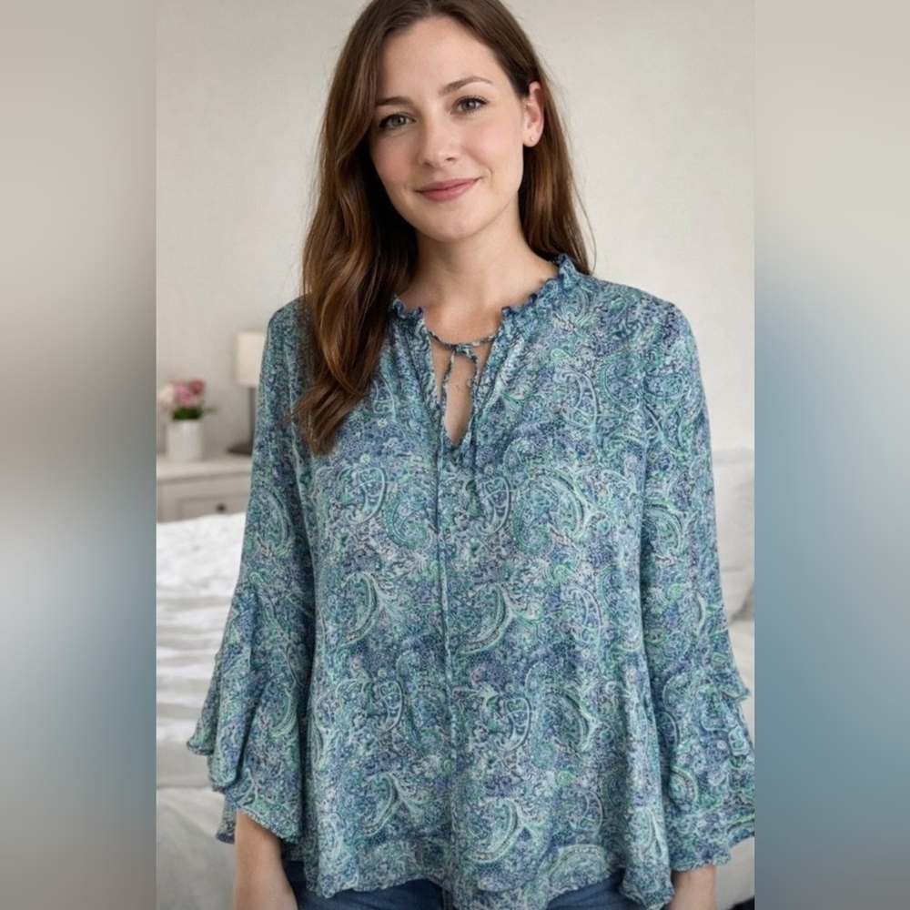Frye Split Tie Neck Long Sleeve Paisley Top Womens Size Medium